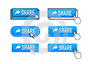 Share with pointer clicking. Share web buttons set. User interface element in flat style. Vector stock illustration