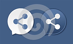 Share, send, publish icon. Bubble text with share icon. Isolated on blue background.