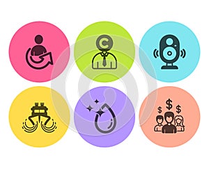 Share, Water drop and Ship icons set. Copyrighter, Speaker and Salary employees signs. Vector photo