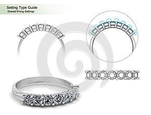 Shared Prong diamond settings isolated on white background,Setting type guide-3D image photo