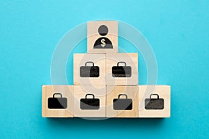 Shareholder concept - abstract person with cases on wooden cubes