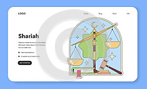 Shariah law concept with scales of justice under a crescent moon. Flat vector illustration