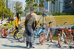 Sharing bicycles in the streets, convenient for people to travel. In Shenzhen, china.