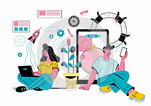 Sharing data and mobile technology concept vector of people using gadgets
