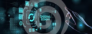 Sharing economy, innovation and future business technology concept on virtual screen
