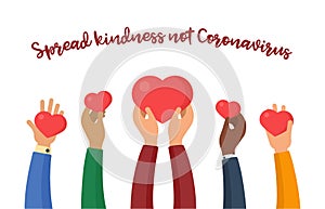 Sharing love and peace. Charity flat vector illustration. Kindness against coronavirus. Hands holding hearts. Giving, help and