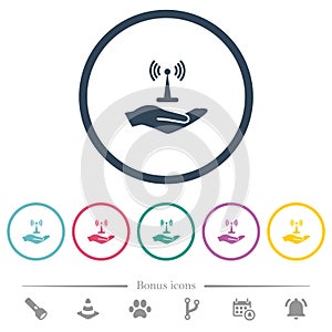 Sharing wireless network flat color icons in round outlines