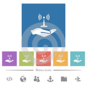 Sharing wireless network flat white icons in square backgrounds