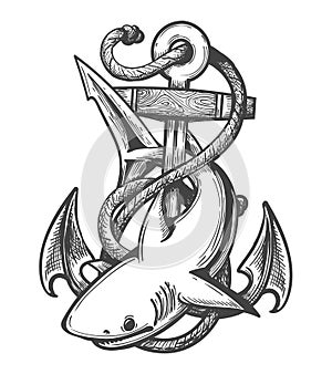 Shark and Anchor Tattoo Emblem