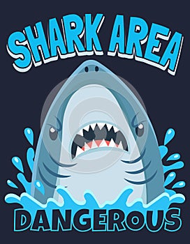 Shark area poster. Attack sharks, ocean diving and sea surf warning cartoon vector illustration