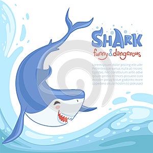 Shark attack background. Blue dangerous fish with big teeth swimming sea ocean water. Vector cartoon background animal