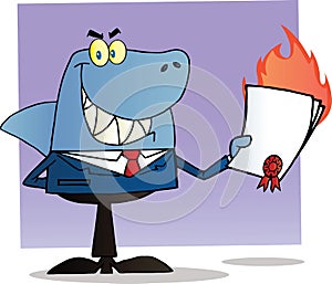 Shark businessman holding a flaming bad contract