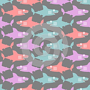 Shark cartoon pattern seamless. Sea predator background. Big fish monster texture. Baby fabric ornament