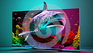 shark crawls out of a modern TV