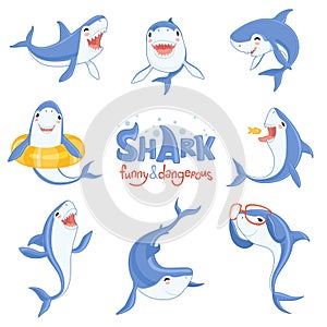 Shark cute animal. Fish attack playing hungry and happy ocean sea shark with big teeth scary blue vector characters