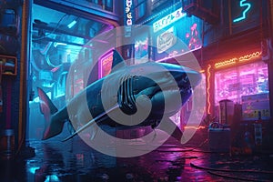 Shark in Cyberpunk City: A Hyper-Realistic 3D Masterpiece with Cinematic Lighting and Rococo Influences