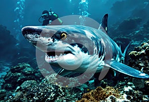 Great White Shark with Diver in Background