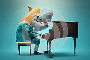 a shark dressed as a jazzman playing piano, created with Generative AI technology