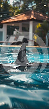 A shark fin circling in a home swimming pool during a pool party causing playful panic and excitement among the guests photo