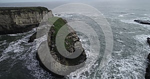 Shark Fin Cove Beach with a Towering rock and Sea Cave. California. Pacific  Ocean Waves. Island. Drone 2