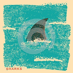 Shark fin in ocean.Vintage poster on old paper texture