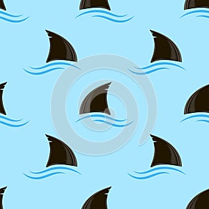 Shark Fin Silhouette Icon and Blue Waves Isolated on Blue Background. Seamless Pattern