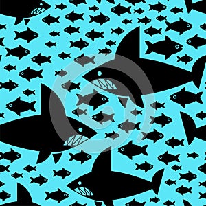 Shark and fish pattern seamless. Undersea world background. Baby fabric texture