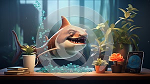 A shark in a fish tank with flowers and a pad.