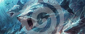 Shark gods of mythology ruling over the digital depths of quantum oceans