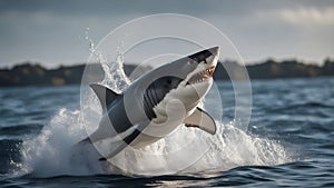 shark A great white shark jumping out of the water to attack its prey.