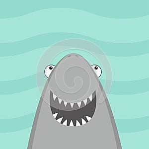 Shark head face with big open mouth and sharp teeth. Cute cartoon kawaii animal character. Sea ocean wild animal. Baby card.