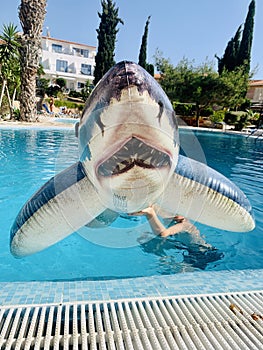 Shark inflatable in swimming pool in boys hand