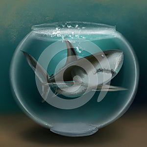Shark inside a fish bowl illustration
