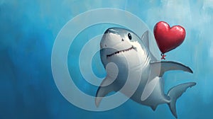 Shark joyfully swims with a heart-shaped balloon in a whimsical underwater scene, AI photo