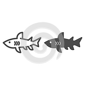 Shark line and solid icon, marine concept, danger predatory fish sign on white background, Shark silhouette icon in