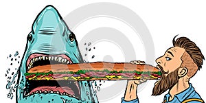 Shark and man eating fast food sandwiches. Hunger and street food concept.