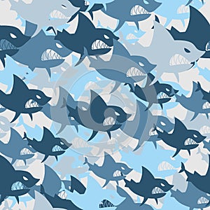 Shark military seamless pattern. Army background of fish. Soldie