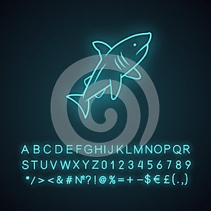 Shark neon light icon. Dangerous ocean predator. Swimming fish. Underwater aquatic animal, ocean wildlife. Marine fauna