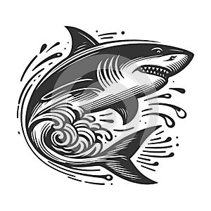 Shark Ocean Waves engraving raster illustration