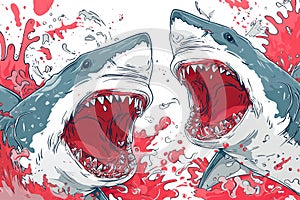 Shark with open mouth full of sharp teeth and water splash. Generative Ai