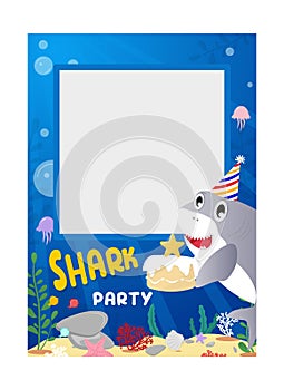 Shark party photo frame background. Undersea kids Birthday party poster. Cartoon vector illustration