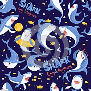 Shark pattern. Sea ocean fish blue scare animal aquarium life big open mouth of cartoon attack shark vector seamless