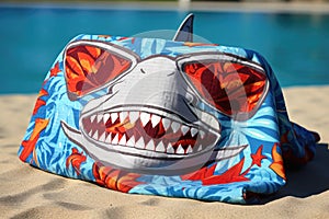 shark patterned beach towel, with a pair of sunglasses on top