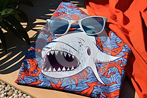 shark patterned beach towel, with a pair of sunglasses on top