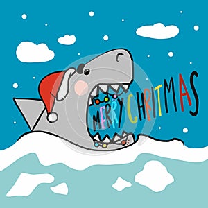 Shark Santa scream Merry Christmas cartoon illustration