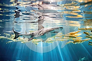 shark school in a bait ball feeding frenzy