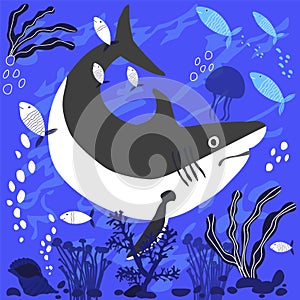 Shark on the sea floor vector stock illustration.