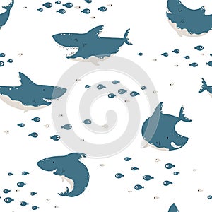 Shark seamless pattern. Childish vector background in simple scandinavian cartoon style. Blue fish at different angles