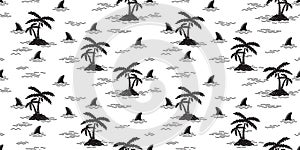 Shark seamless pattern fin palm tree coconut tree dolphin whale vector ocean wave island isolated wallpaper background