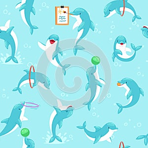Shark seamless pattern, textile dolphin sea, blue ocean, cute marine background, design, cartoon style vector
